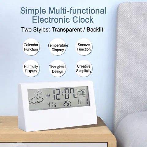 Despertador Digital Plástico Escritorio Pantalla LCD Temperatura Humedad Calendario Pronóstico Del Tiempo Minimalista Mesita De Noche