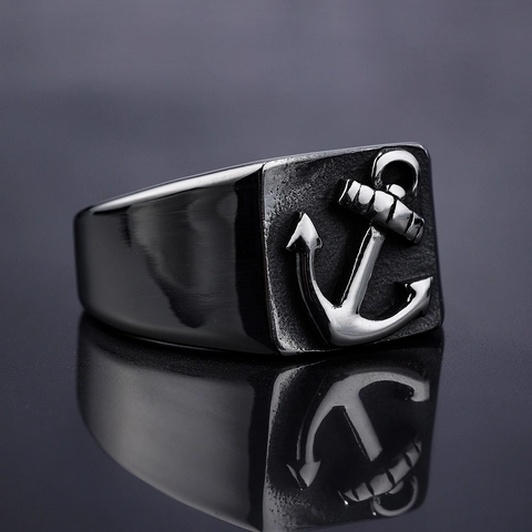 Vintage Anchor Signet Ring Men Stainless Steel Nautical Sailor Hip Hop High Street Jewelry Polished Band