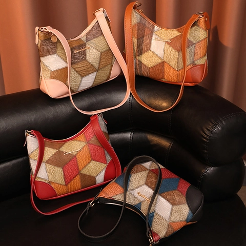 Modieuze Dames Geometrische Kleurblok PU Leren Schoudertas Vintage Okseltas Met Rits Goud Metalen Logo Hobo Handtas