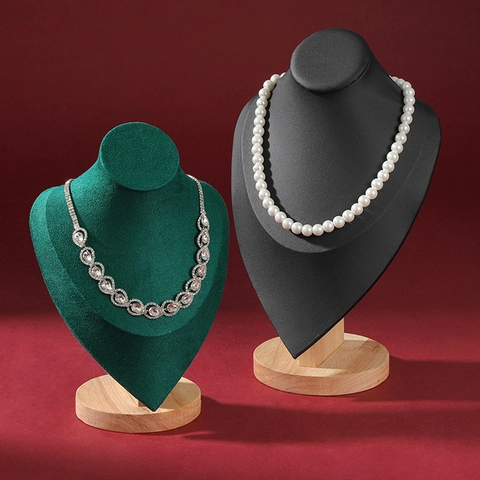 Necklace Display Stand Wood Base Velvet PU Leather Jewelry Bust Portrait Neck Model Organizer Showcase Holder