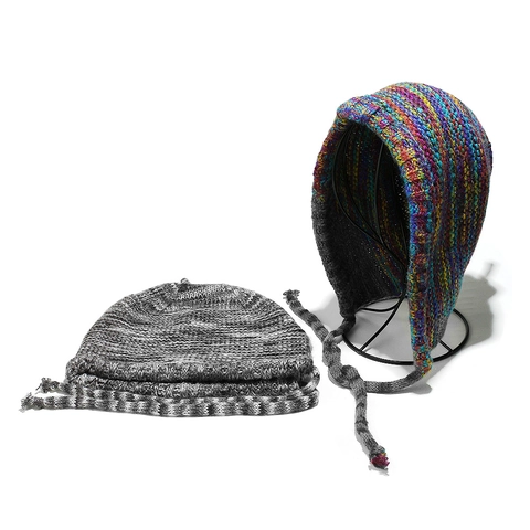 Bonnet Tricoté Acrylique Chaud Hiver Protection Oreilles Arc-En-Ciel Dégradé Avec Longues Attaches Pour Femmes Style Ethnique