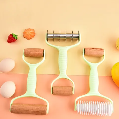 Dual Head Rolling Pin And Pastry Lattice Roller Beech Wood Stainless Steel Dough Cutter For Baking Pizza Noodles