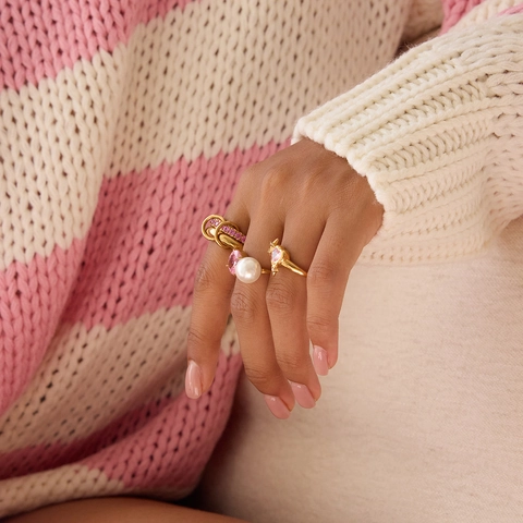 Heart Star Ring 18K Gold Plated Stainless Steel Pink Zircon Artificial Pearl Fashion Elegant Jewelry For Women Girls Hypoallergenic