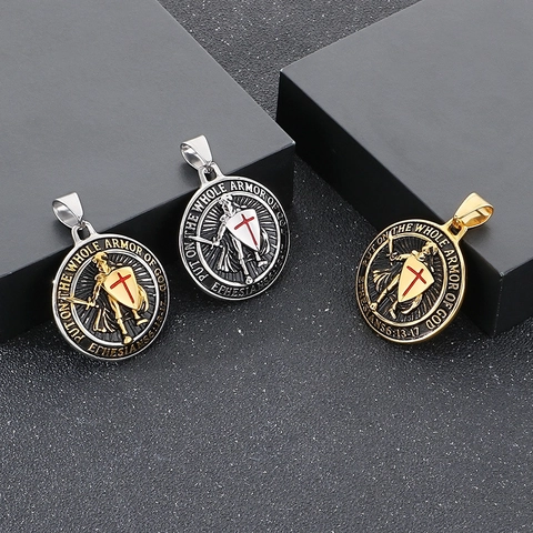 Men Stainless Steel Pendant Necklace Armor Of God Ephesians 6:13-17 Vintage Red Cross Shield Knight Templar Medallion