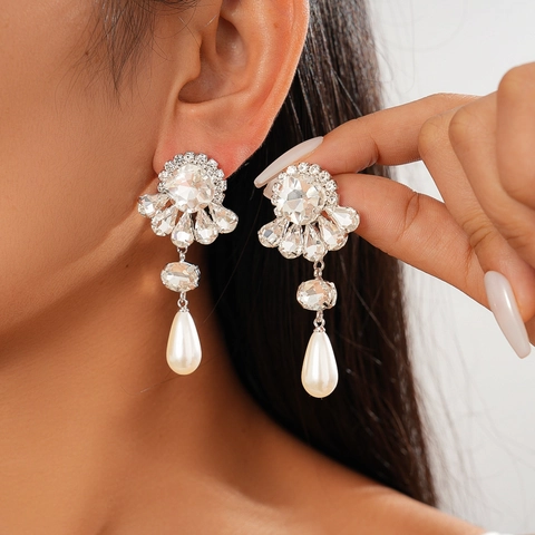 Baroque Flower Rhinestone Imitation Artificial Pearl Teardrop Dangle Earrings With 925 Sterling Silver Earring Post Retro For Women