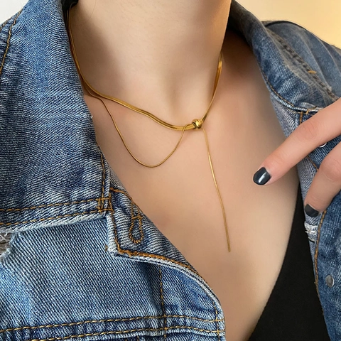 Mode Titaniumstaal Geometrische Kwast Lariat Ketting Dames Verstelbare Schuifparel Slangenketting Minimalistische Chic