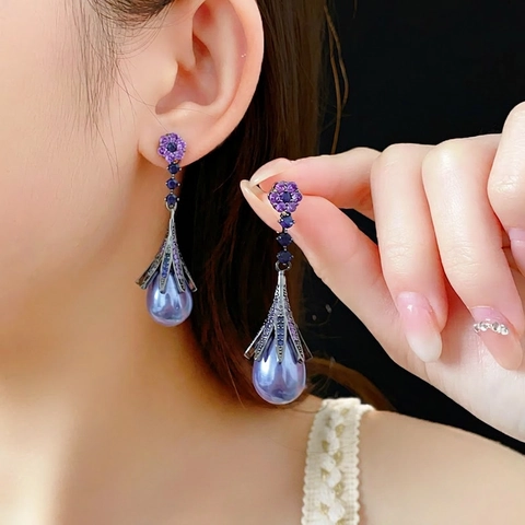 Flower Dangle Earrings With Silver Earring Post Copper Rhinestone Imitation Artificial Pearl Vintage Luxury Jewelry For Women