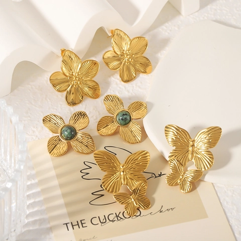 Vintage French Style Butterfly Flower Earrings Gold Plated Stainless Steel Textured Jewelry For Women