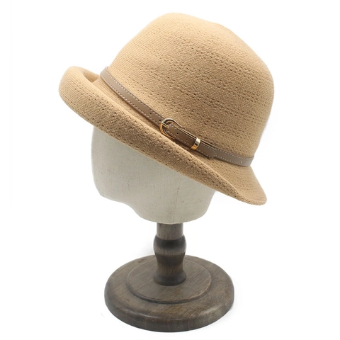 Vintage Knitted Cloche Hat For Women Autumn Winter Elegant Basin Hat With PU Leather Belt Buckle Solid Color Warm