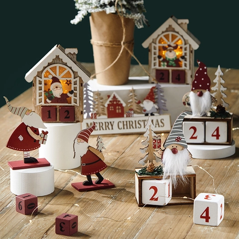Decorazione Da Tavolo In Legno Di Natale Gnomo Babbo Natale Calendario Dell'Avvento Conto Alla Rovescia Ornamenti Con Luce LED