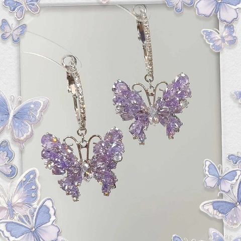 Purple Zircon Butterfly Pendant Hoop Earrings With Silver Earring Post Sparkling Copper Fashion Jewelry For Women