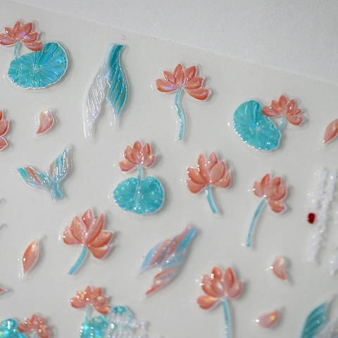 3D Relief Nail Art Stickers Lotus Flower Leaf Design Aurora Iridescent Chinese Style PET Decals Manicure DIY Decor