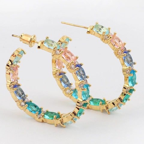 Orecchini A Cerchio A Forma Di C Con Zirconi Colorati E Perno In Argento Sterling 925 Rame Placcato Oro