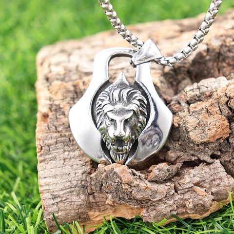 Lion Head Pendant Necklace Stainless Steel Retro Punk Gothic Polished Jewelry For Men