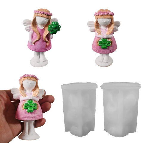 3D Engel Mädchen Silikonform Mit Flügeln Und Kleeblatt DIY Kerze Harz Gips Backen Werkzeug Handwerk Dekor