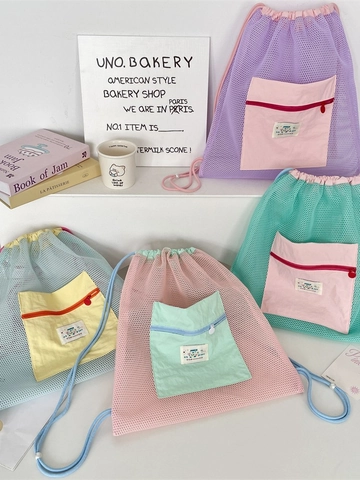Mesh Kordelzug Rucksack Polyester Atmungsaktiv Kontrastfarbe Macaron Stil Schule Reise Leichtgewicht Tasche