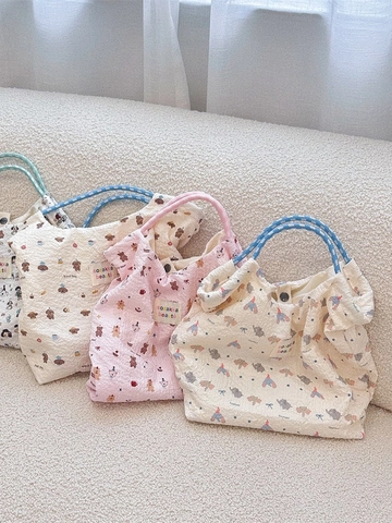Cartoon Welpen Druck Seersucker Tragetasche Strukturierte Bubble Stoff Koreanischen Stil Täglich Pendeln Tasche