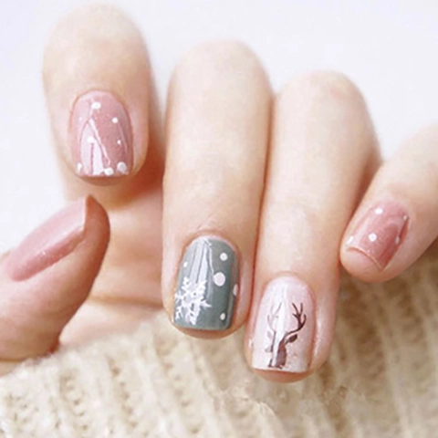 Unghie Finte Natale Press On Cervo Fiocco Di Neve Corte Quadrate Unghie Artificiali Rosa Grigio Lucido Manicure