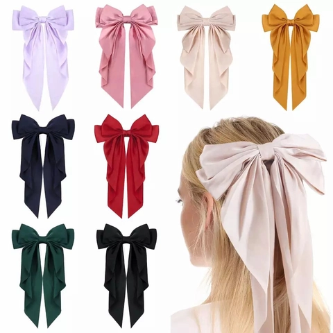 Große Satin Schleife Haarspange Mit Langen Bändern Retro Elegante Federspange Ponytail Halter Für Frauen Mädchen