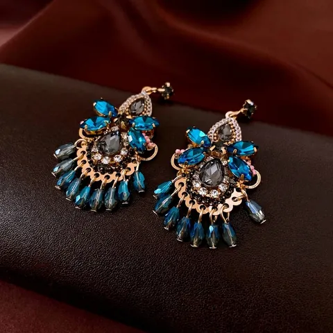 Boucles D'oreilles Pendantes Bohème Ethnique Gland Alliage Cristal Zircon Avec Tige En Argent Sterling 925 Pour Femme