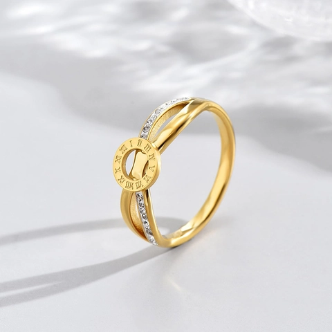 Roman Numerals Double Layer Ring Stainless Steel Gold Plated Zircon Inlaid Fashion Light Luxury Finger Jewelry Women