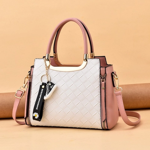 Women Quilted Handbag PU Leather Woven Texture Top Handle Bag With Sneaker Daisy Pendant Large Capacity Streetwear