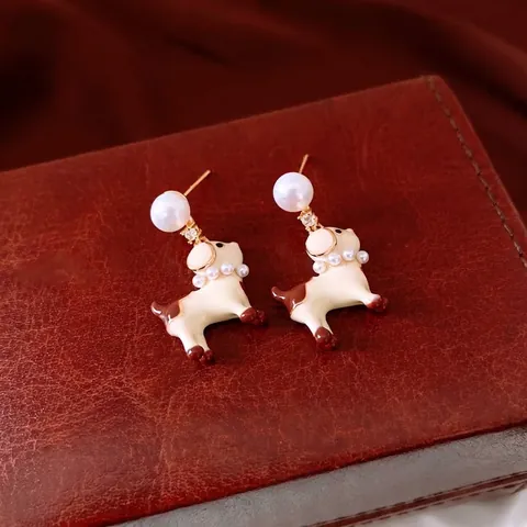 Cartoon Dog Enamel Earrings With 925 Sterling Silver Earring Post Zircon Faux Artificial Pearl Drip Oil Animal Studs Women