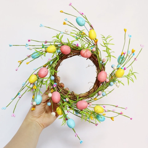 Easter Wreath With Artificial Foam Eggs Berries Greenery For Spring Home Wall Door Hanging Decoration Vibrant Colorful Macaron Style