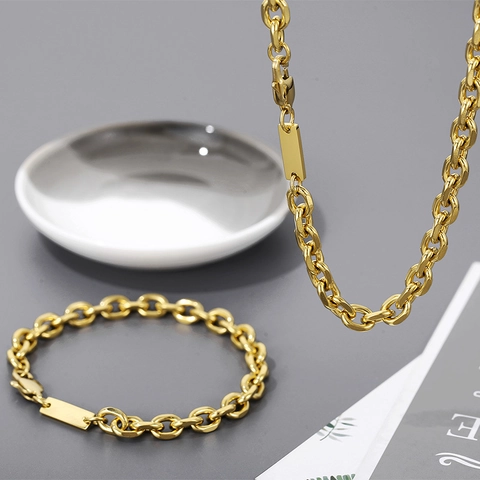 Collar Y Pulsera De Acero Inoxidable Hip Hop Con Placa De Identidad Cuadrada Joyería De Cadena O-Link Unisex Oro Plata