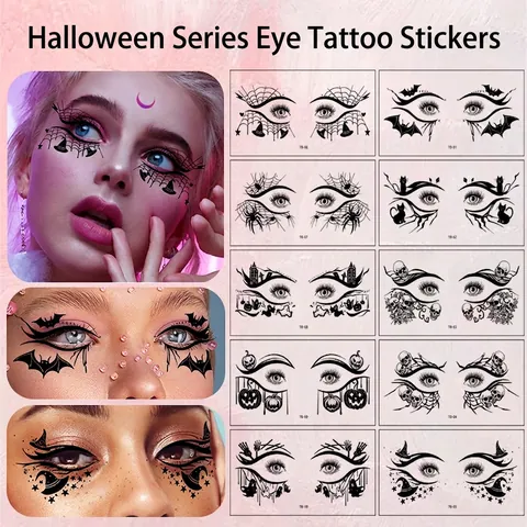 Halloween Noël Tatouage Autocollants Yeux Temporaire Maquillage Visage Imperméable Transfert D'eau Araignée Toile Chauve-souris