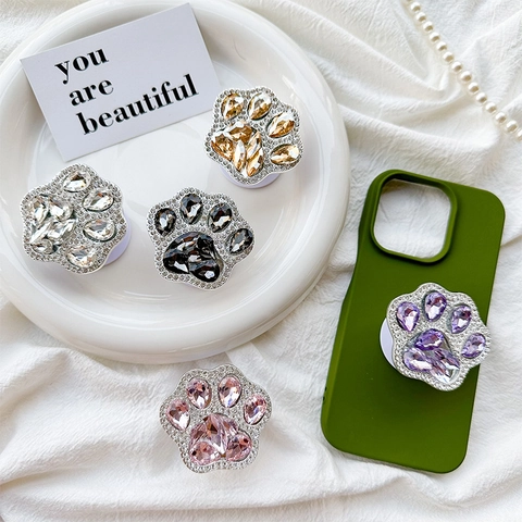 Rhinestone Phone Socket Cat Paw Shape Collapsible Adhesive Desktop Grip Stand Crystal Luxury Cute Mobile Phone Accessory