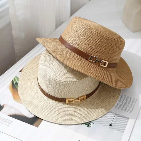 French Style Boater Straw Hat For Women Summer Beach Sun Protection With Leather Strap Gold Metal Buckle Adjustable Flat Top