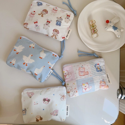Cute Animal Floral Print Cotton Coin Purse Mini Zipper Card Holder Portable Fabric Small Storage Bag For Women