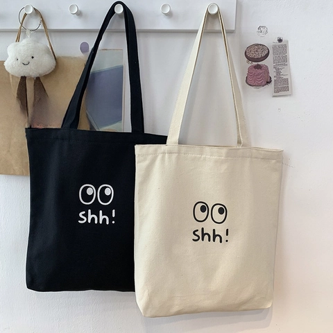 Bolso Tote De Lona Cierre De Cremallera Bolsillo Interior Gran Capacidad Estampado Ojos Dibujos Animados Casual Mujeres