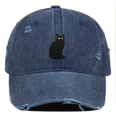 Casquette De Baseball Brodée Chat Noir Coton Lavé Distressed Ajustable Rétro Streetwear Chapeau De Soleil