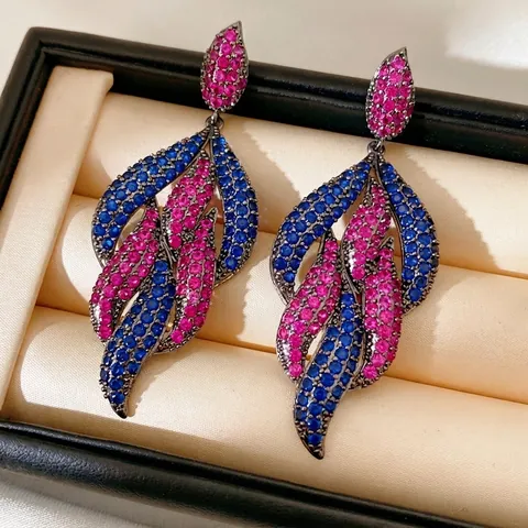 Vintage Blatt Tropfen Ohrhänger Mit Pink Und Blau Zirkonia In Gunmetal Kupfer Basis Und Silber Ohrstecker