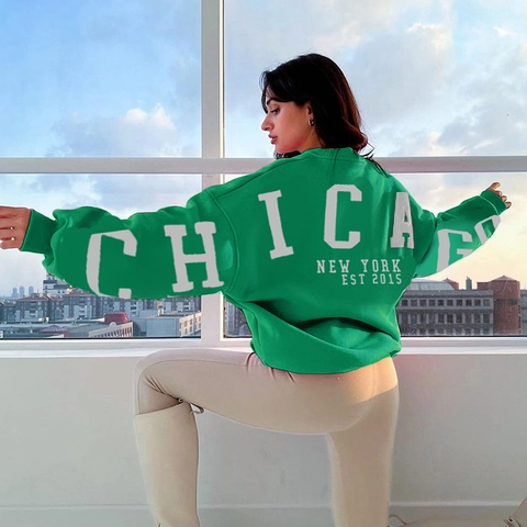 Women Oversized Sweatshirt Polyester Spandex Letter Print Chicago New York Crew Neck Drop Shoulder Casual Streetwear