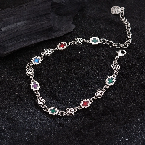 Bracelet Pendentif Croix de Rose en Cuivre Vintage Avec Strass Multicolores Gothique Électroplaqué Punk Bijoux pour Femmes