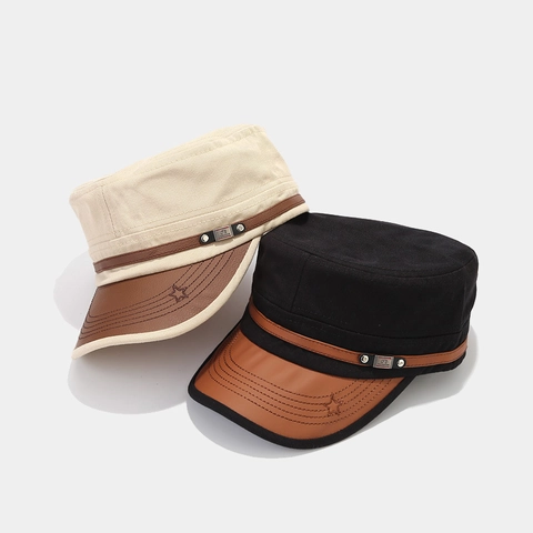 Berretto Cadet Retrò In Tela Di Cotone Con Tesa In Pelle PU Cappello Militare Regolabile Protezione Solare All'aperto Per Uomini Donne