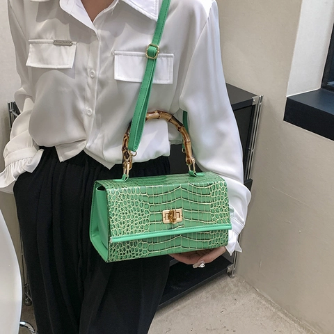 Borsa A Spalla Da Donna Motivo Coccodrillo Pelle PU Con Manico In Bambù Borsa A Mano Quadrata Retro Stile Vintage