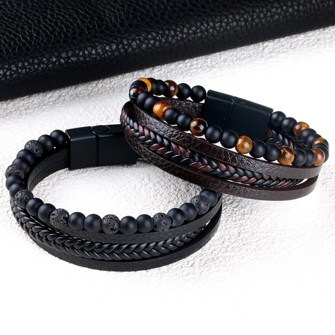 Multi Layer Armband Leer Legering Houten Kralen Turkoois Boze Oog Veer Vintage Punk Ethische Stijl Voor Heren Dames