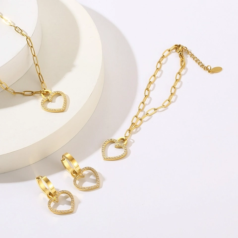 Set Di Gioielli Cuore Cavo Collana Bracciale E Orecchini Acciaio Inossidabile Strass Catena A Graffetta Per Donne