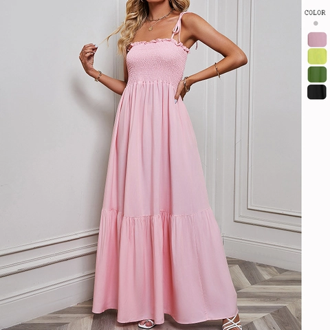 Women Smocked Maxi Dress Tie Strap Tiered Solid Color Polyester Summer Vacation Beach Flowy Long Dress