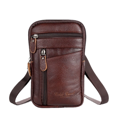 Genuine Cowhide Leather Men Waist Bag Phone Pouch Belt Loop Crossbody Shoulder Bag Multi Pocket Outdoor Travel Business