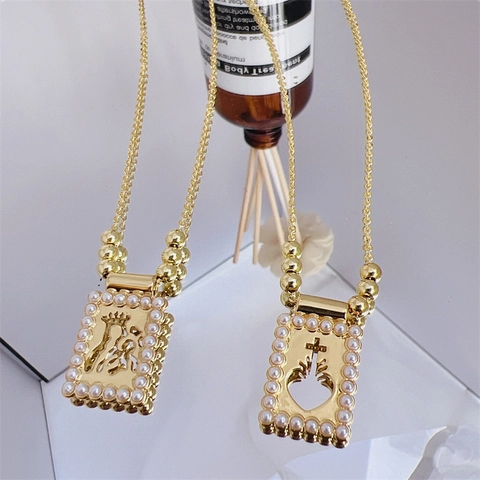 Collar Con Colgante Vintage Barroco De Cobre Chapado En Oro De 18K Con Perla Artificial Rectangular Hueco Mujer