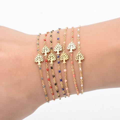 Tree Of Life Pendant Bracelet Stainless Steel 18K Gold Plated Adjustable Colorful Enamel Beads Jewelry For Women