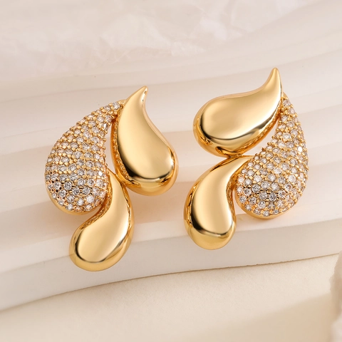Geometric Water Drop Stud Earrings Copper Gold Plated Irregular Cubic Zirconia Fashion Jewelry For Women
