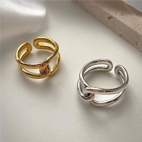 925 Sterling Silver Open Ring Minimalist Double Crossed Line Adjustable Geometric Modern Jewelry For Women