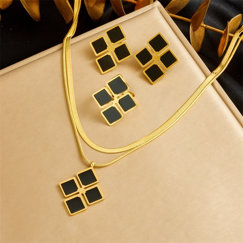 Minimalist Black White Layered Necklace Ring Earrings Stainless Steel Gold Plated Geometric Square Clover Design Women Jewelry