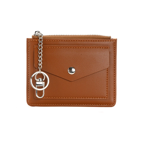 Women Mini Coin Purse Card Holder PU Leather With Keychain Zipper And Snap Button Pocket Small Wallet Solid Color Simple
